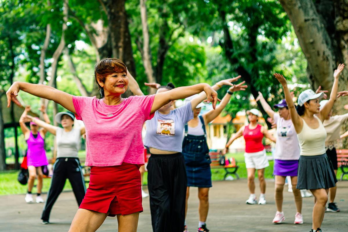 Active older adults jogging outdoors